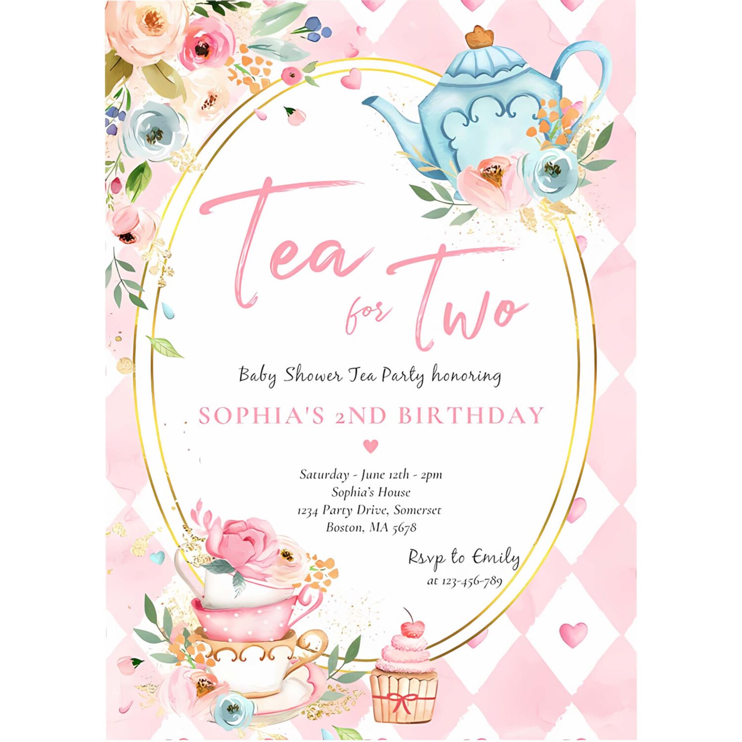Tea for two pink and gold floral birthday party invitation j87s 4