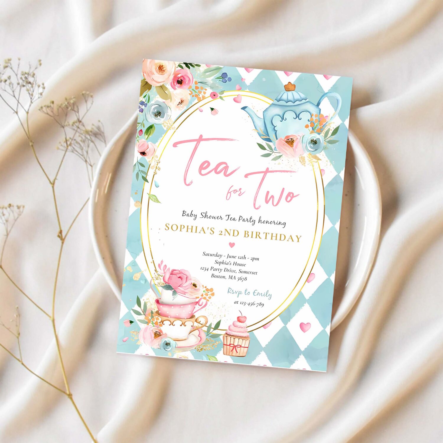 Tea for two pink and gold floral birthday party invitation l54g 1