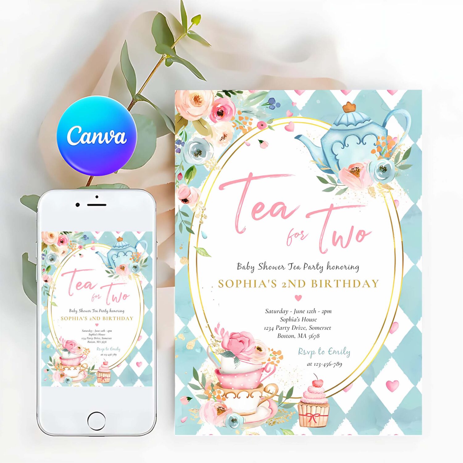 Tea for two pink and gold floral birthday party invitation l54g