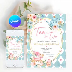 Tea For Two Invitation, Tea For Two Pink And Gold Floral Birthday Party Invitation