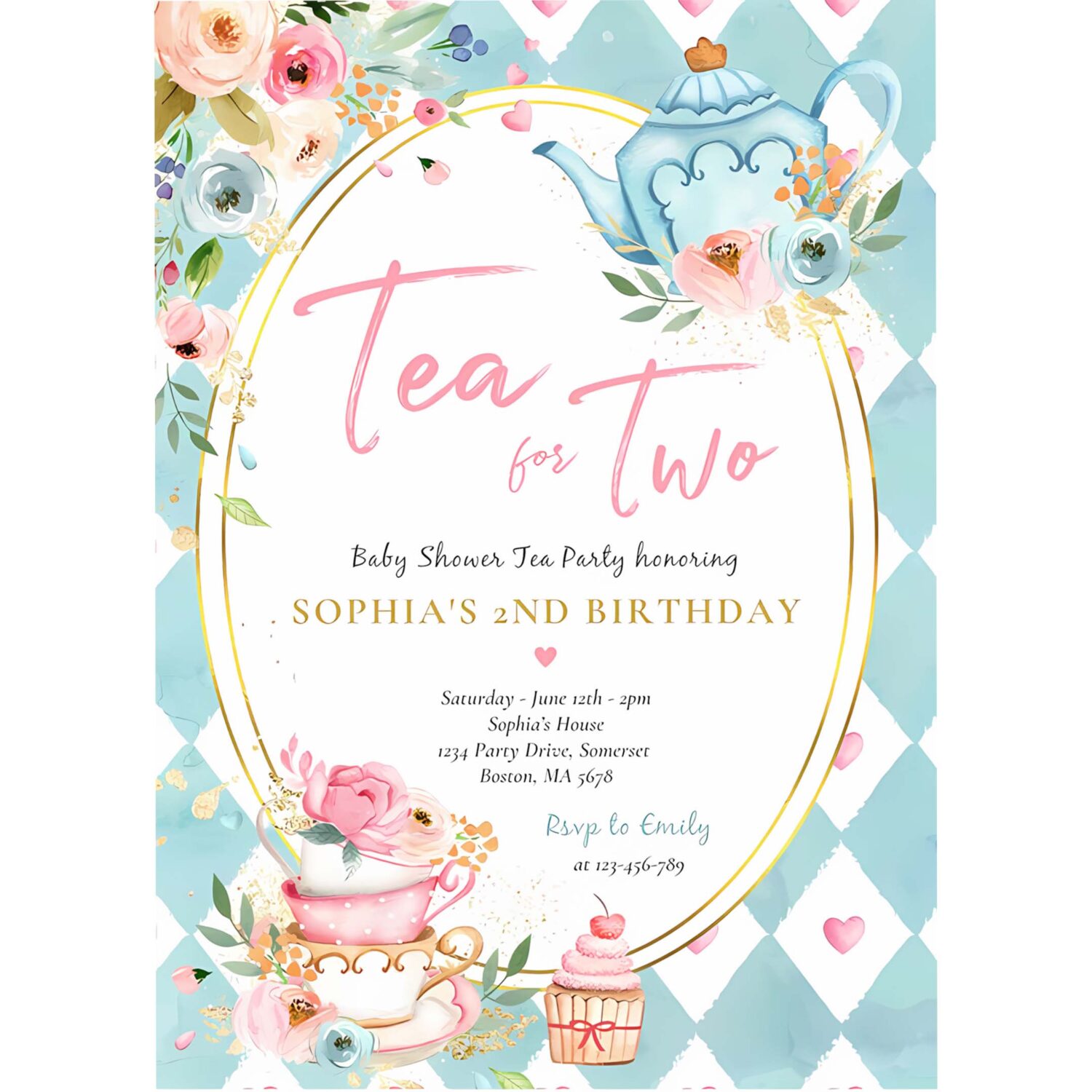 Tea for two pink and gold floral birthday party invitation l54g 4