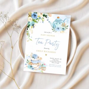 Tea party baby shower boy blue rose baby brewing invitation c77d 1