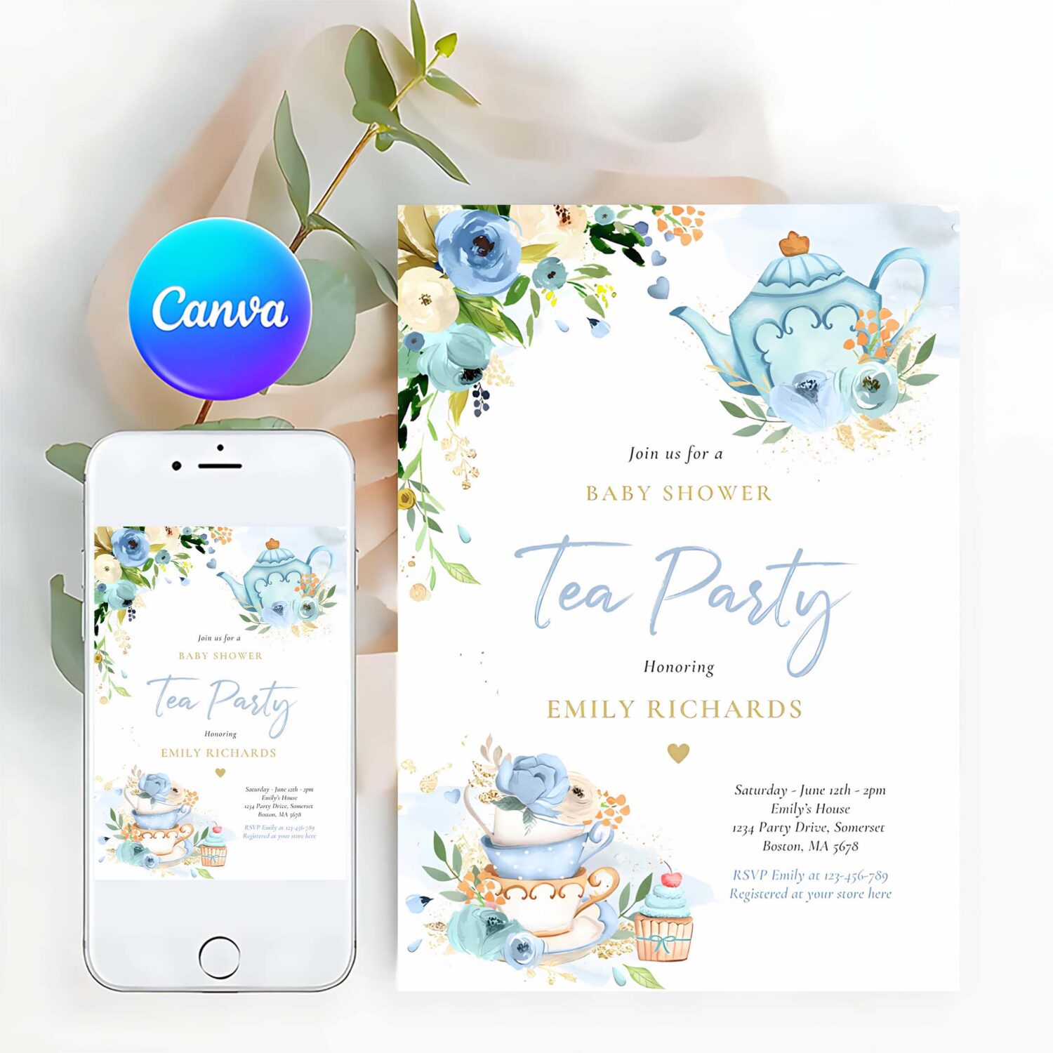 Tea party baby shower boy blue rose baby brewing invitation c77d