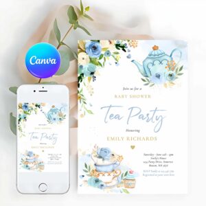 Tea Party Invitation, Tea Party Baby Shower Boy Blue Rose Baby Brewing Invitation
