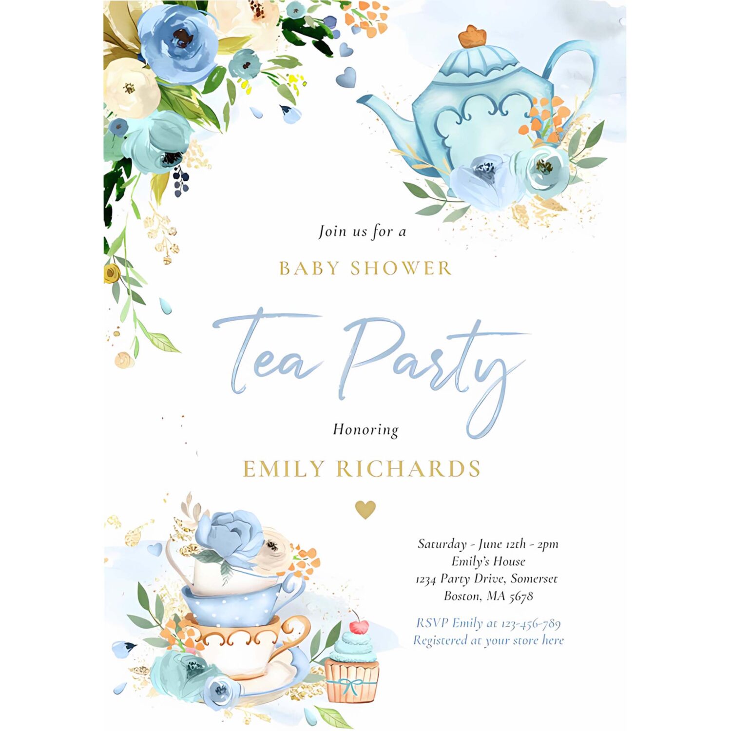 Tea party baby shower boy blue rose baby brewing invitation c77d 4