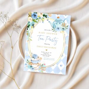 Tea party baby shower boy blue roses baby brewing invitation p54h 1
