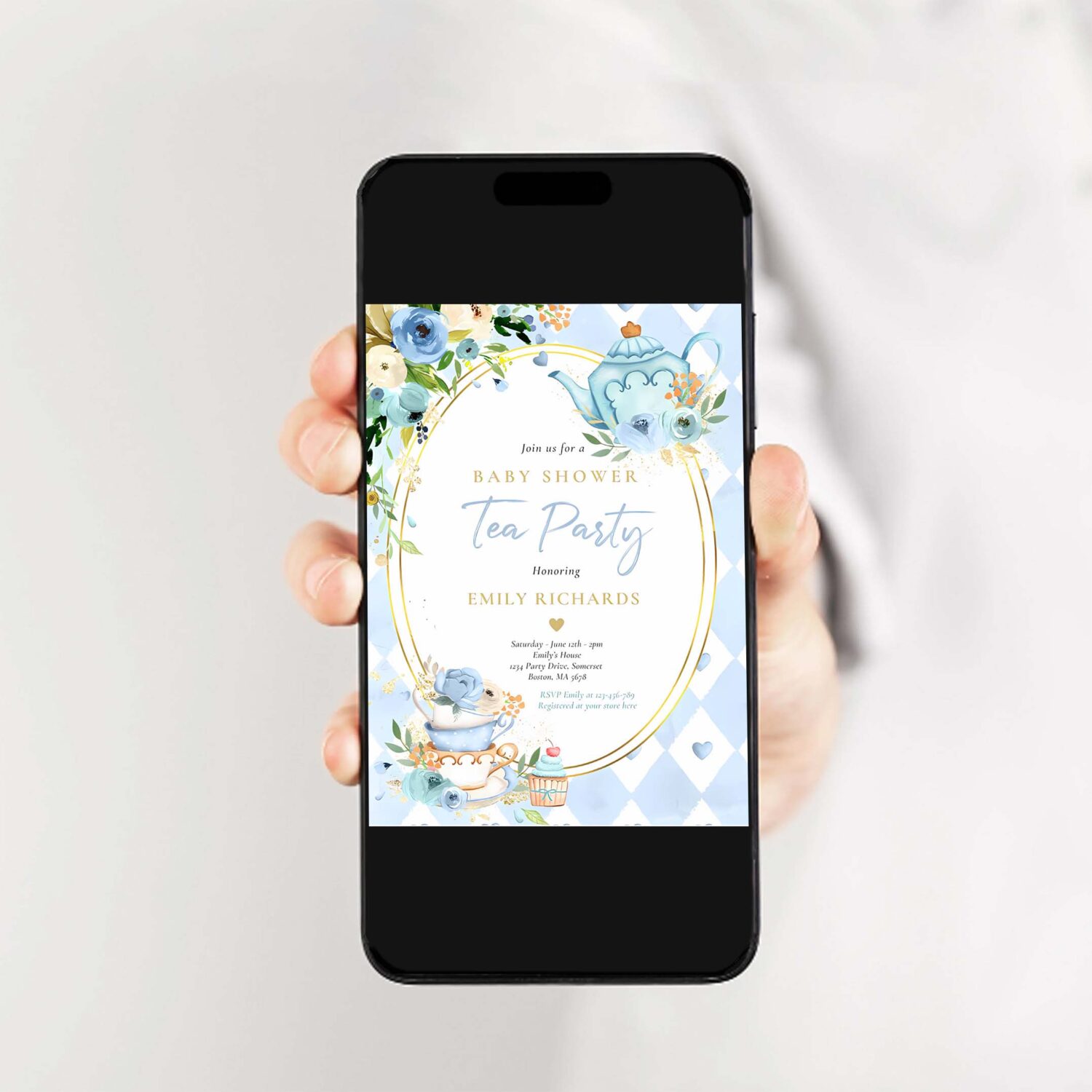 Tea party baby shower boy blue roses baby brewing invitation p54h 2