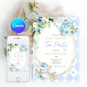 Tea Party Invitation, Tea Party Baby Shower Boy Blue Roses Baby Brewing Invitation