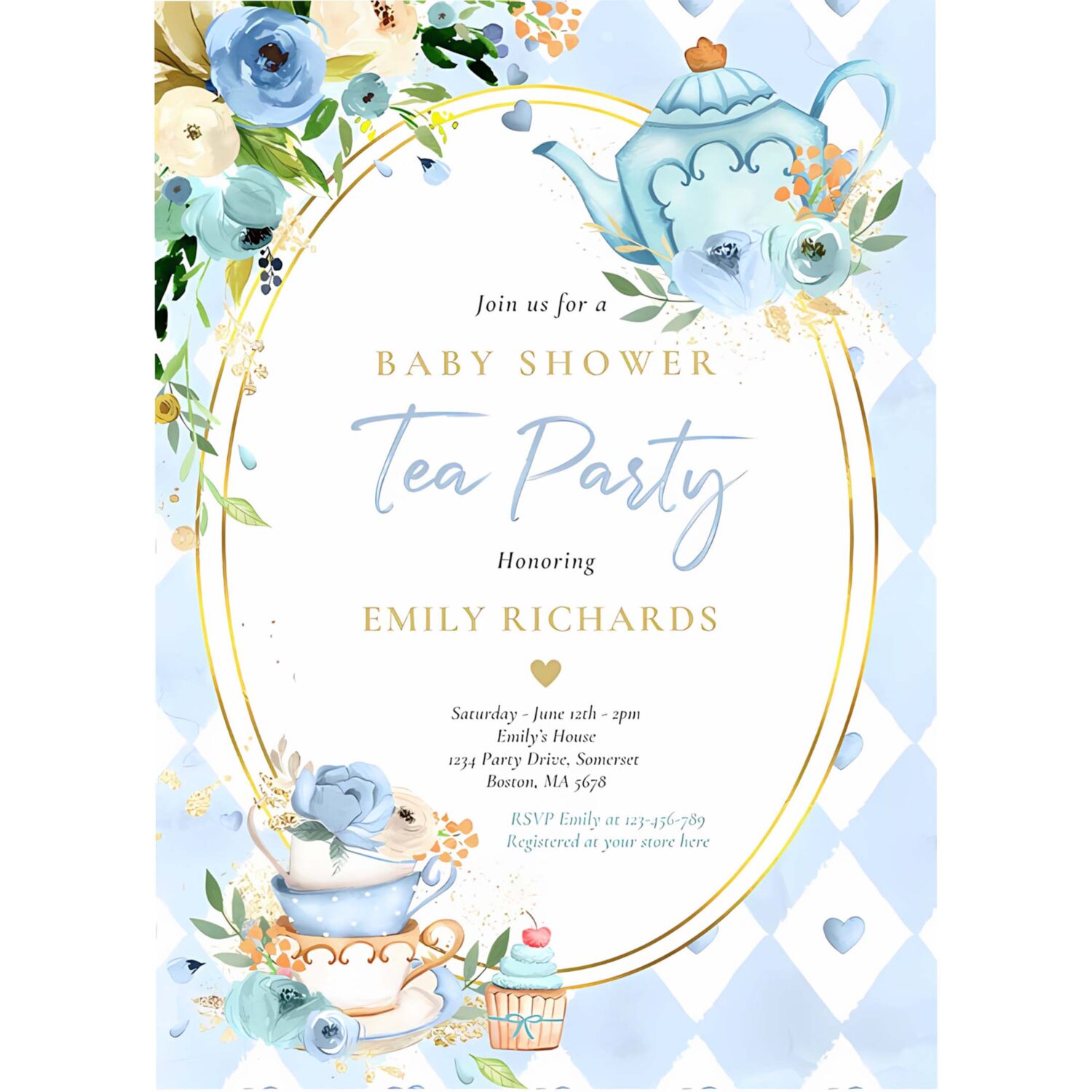 Tea party baby shower boy blue roses baby brewing invitation p54h 4