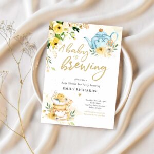 Tea party baby shower gender neutral baby brewing invitation v21g 1