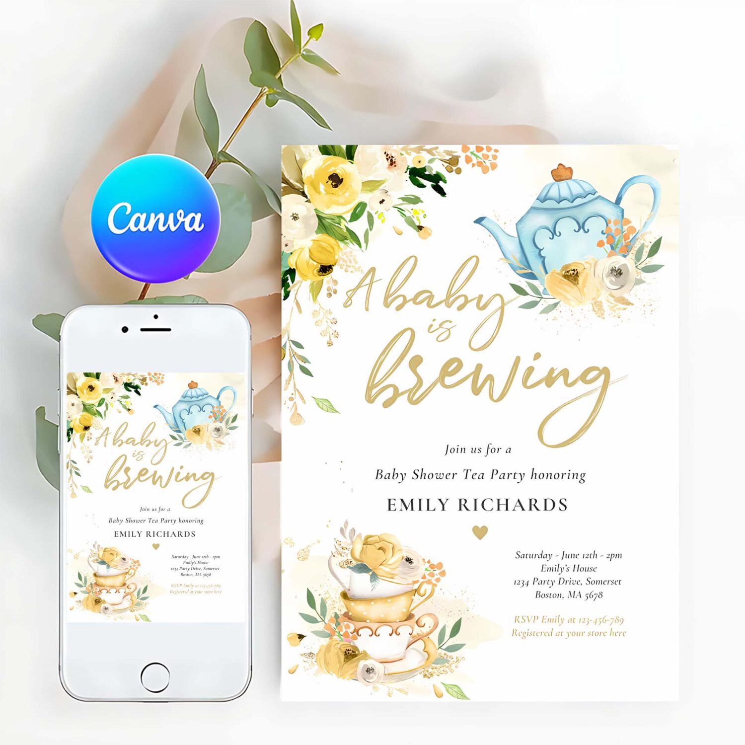 Tea party baby shower gender neutral baby brewing invitation v21g