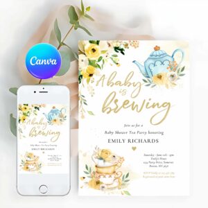 Tea Party Invitation, Tea Party Baby Shower Gender Neutral Baby Brewing Invitation