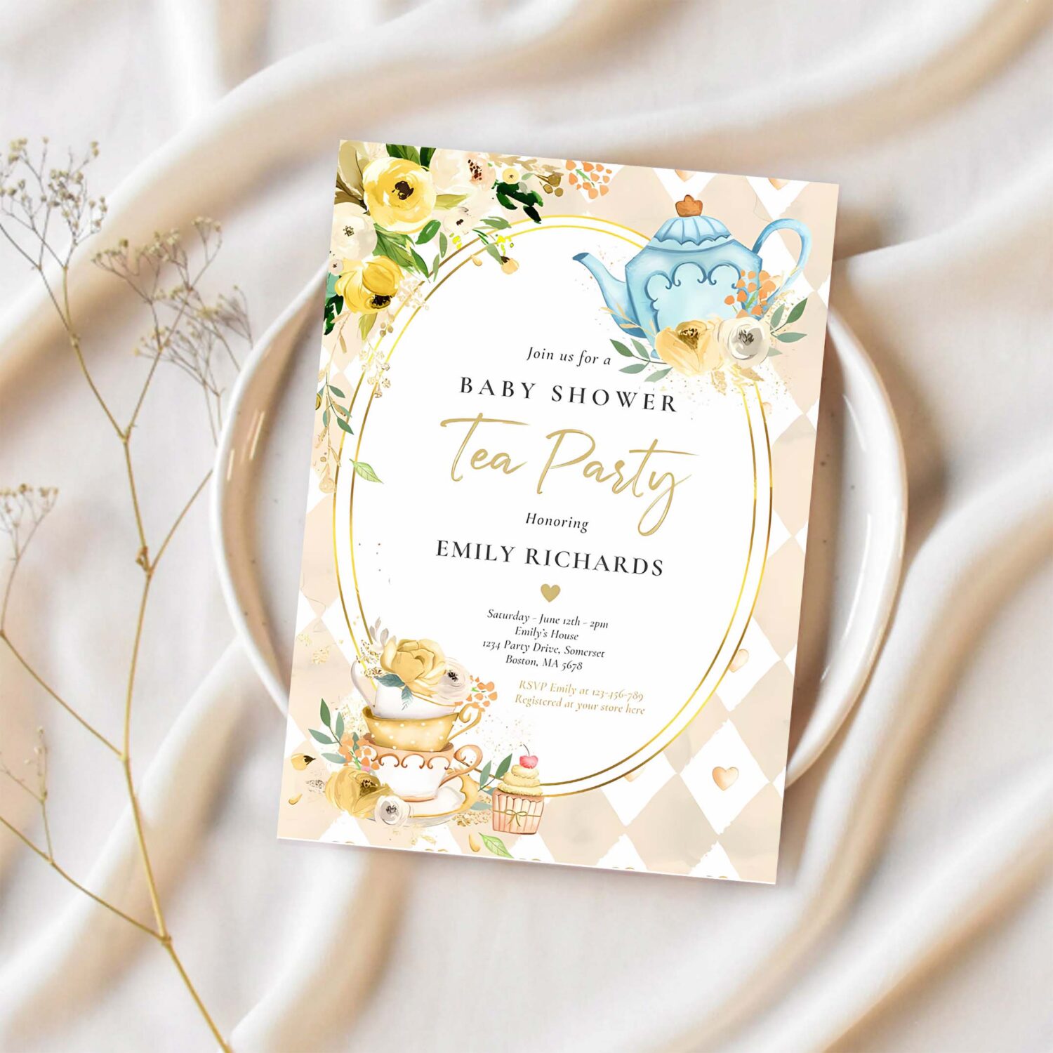 Tea party baby shower gender neutral baby brewing invitation y97y 1