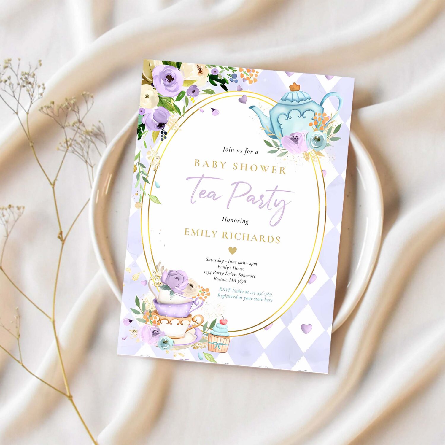 Tea party baby shower girl lilac rose baby brewing invitation d75o 1