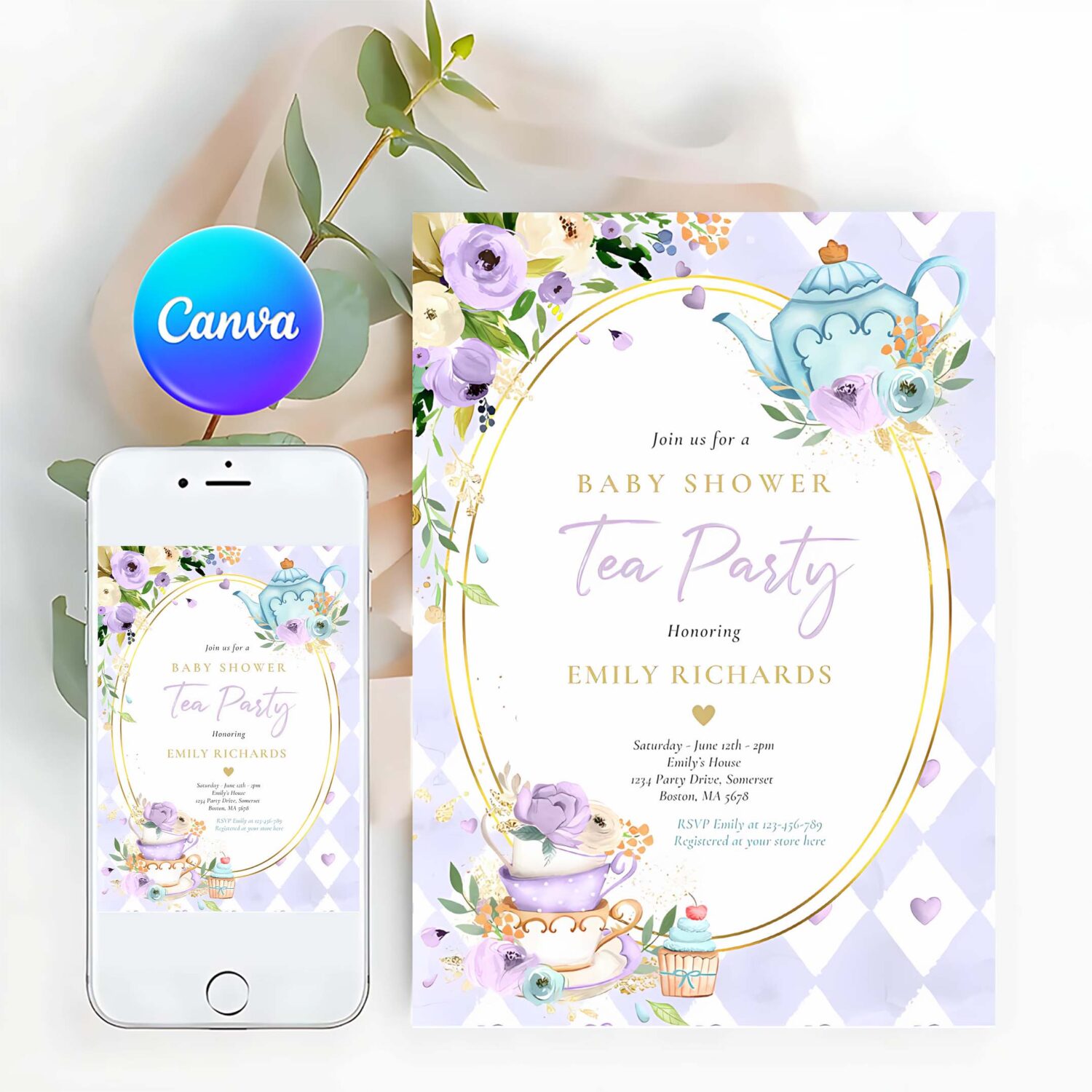 Tea party baby shower girl lilac rose baby brewing invitation d75o
