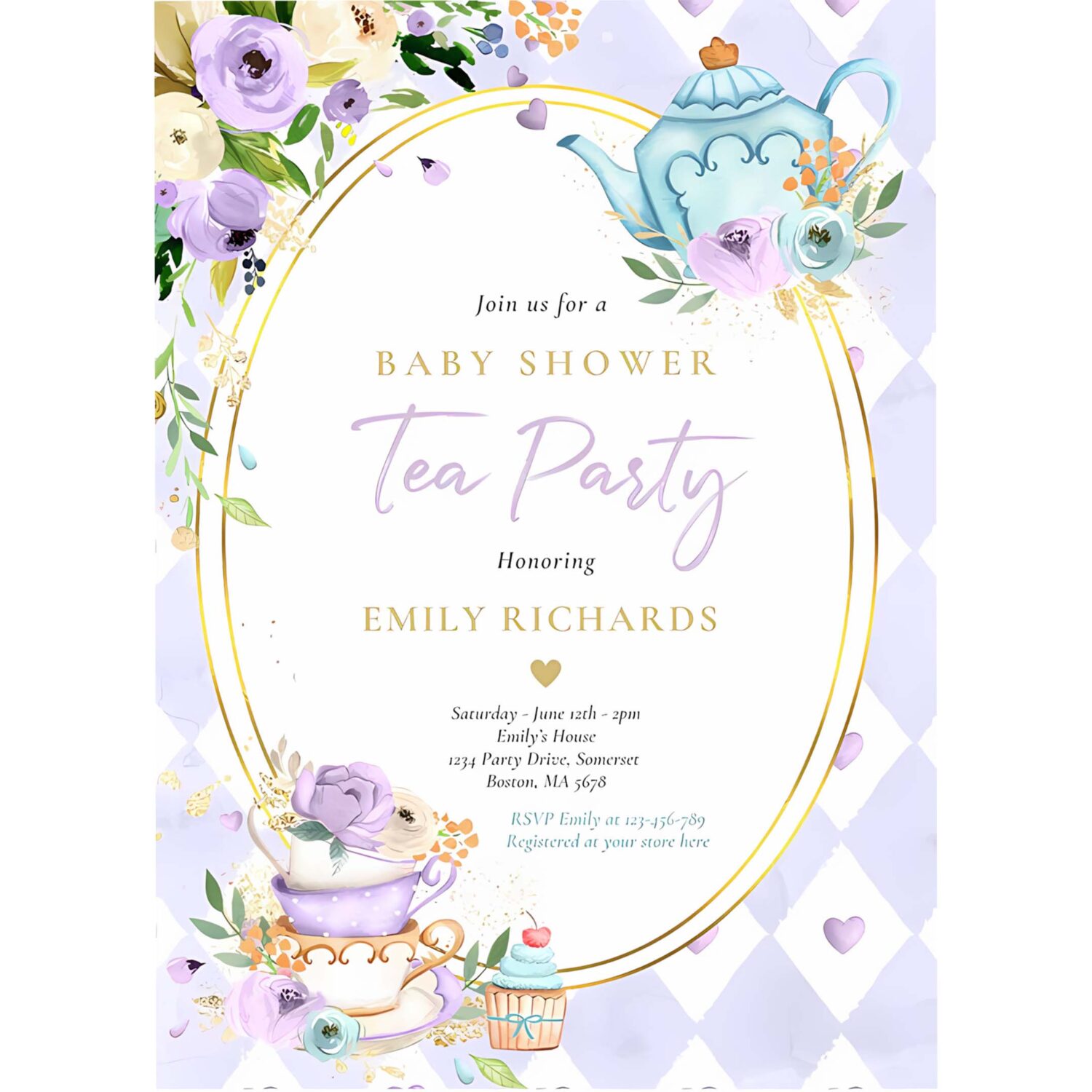 Tea party baby shower girl lilac rose baby brewing invitation d75o 4