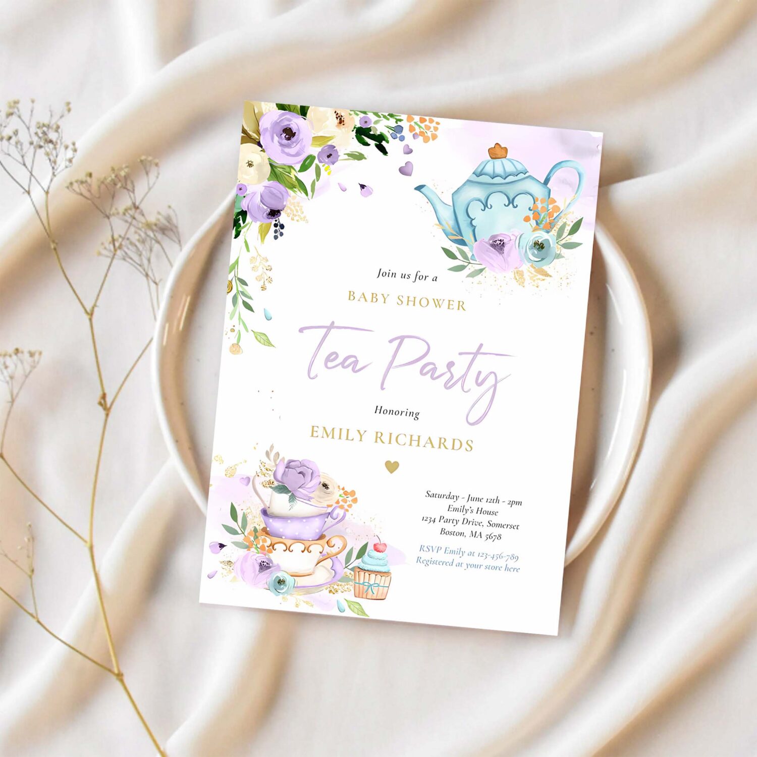 Tea party baby shower girl lilac rose baby brewing invitation k59g 1