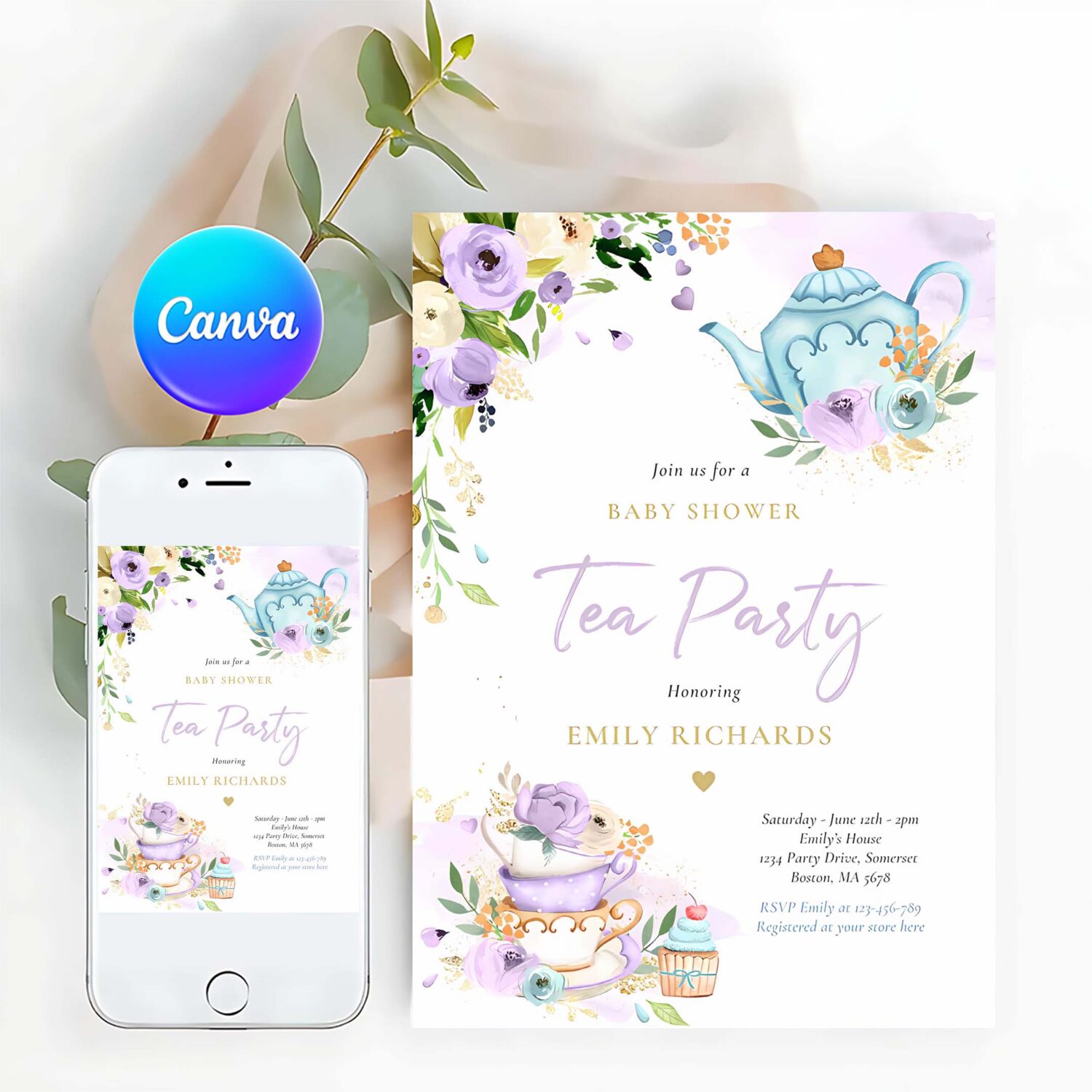 Tea party baby shower girl lilac rose baby brewing invitation k59g