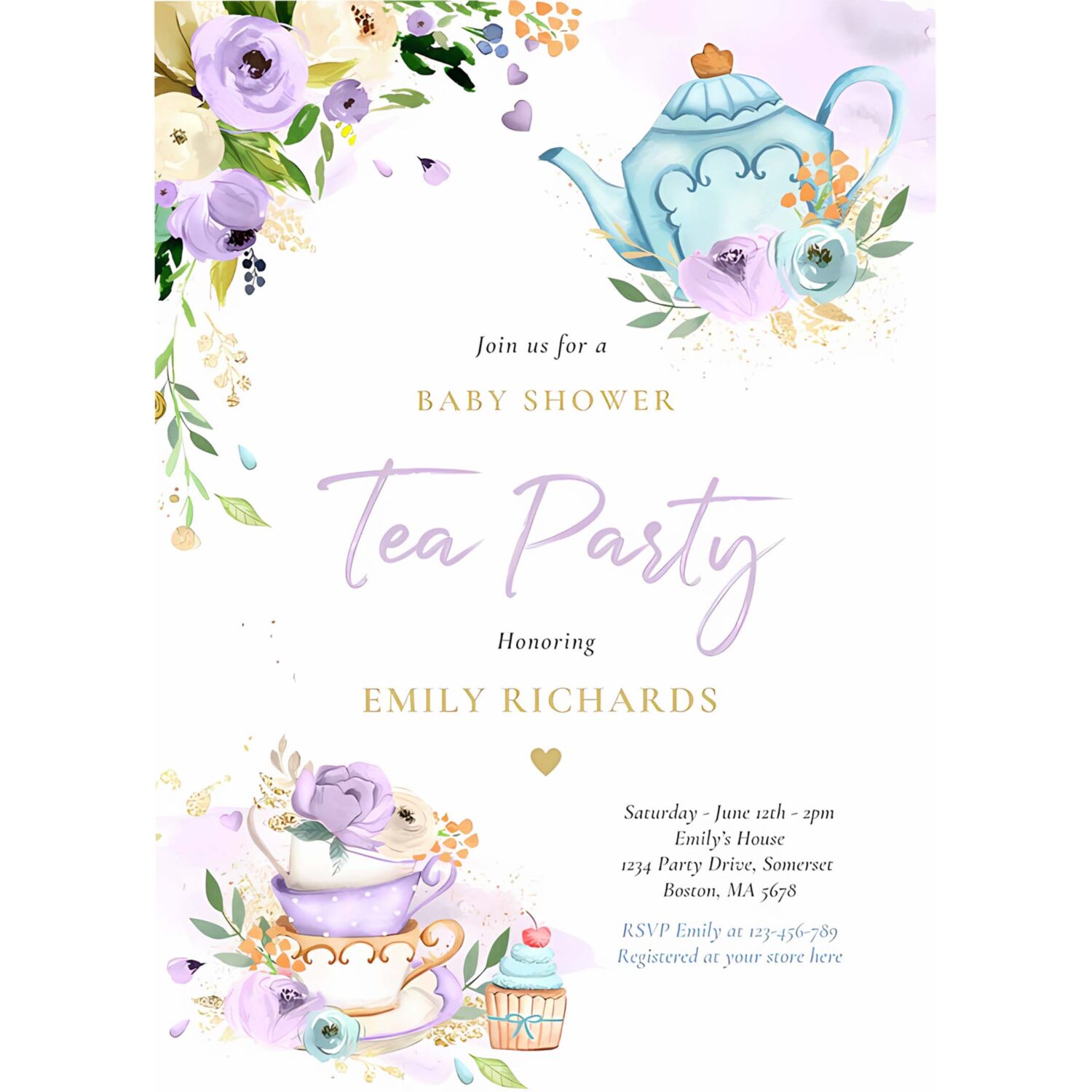 Tea party baby shower girl lilac rose baby brewing invitation k59g 4