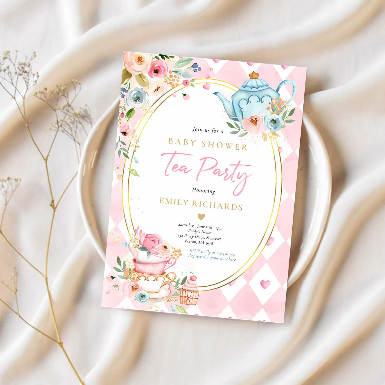 Tea party baby shower girl pink roses baby brewing invitation c71g 1