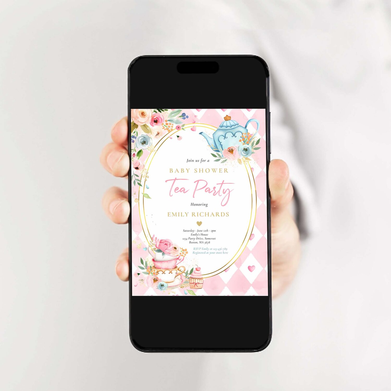 Tea party baby shower girl pink roses baby brewing invitation c71g 2