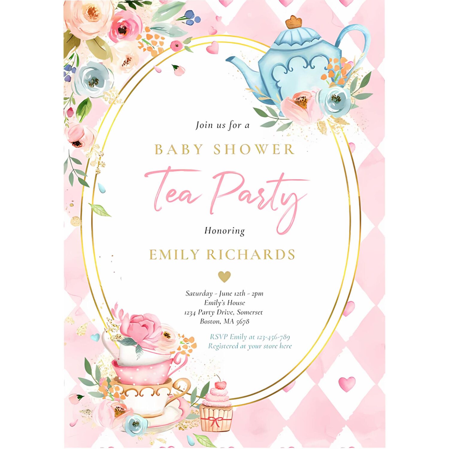 Tea party baby shower girl pink roses baby brewing invitation c71g 4