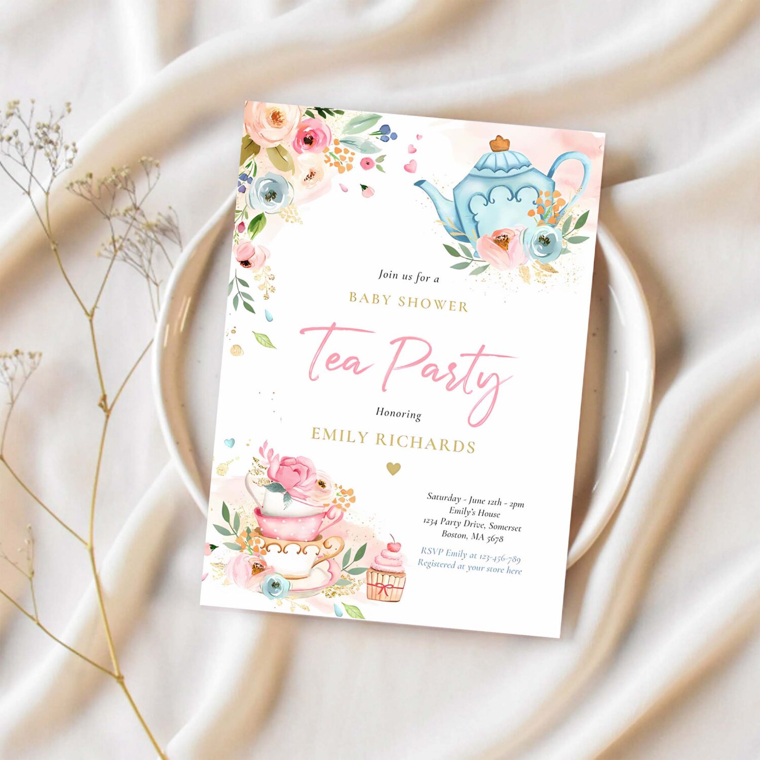 Tea party baby shower girl pink roses baby brewing invitation g71q 1