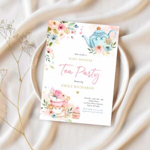 Tea party baby shower girl pink roses baby brewing invitation g71q 1