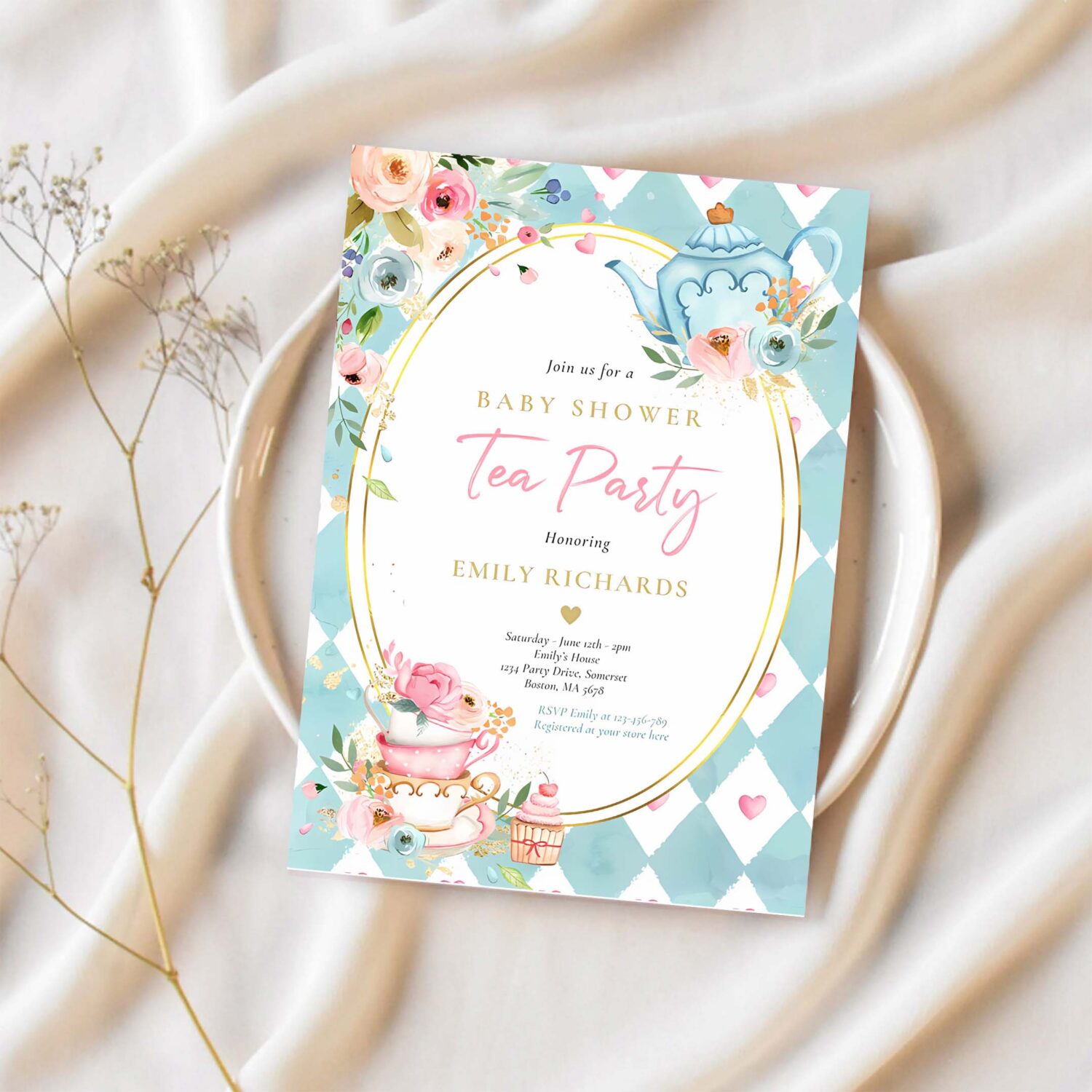 Tea party baby shower girl pink roses baby brewing invitation s51l 1