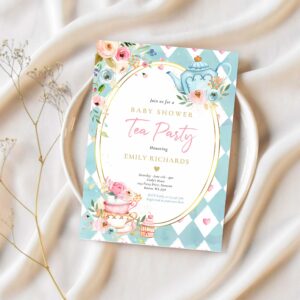 Tea party baby shower girl pink roses baby brewing invitation s51l 1
