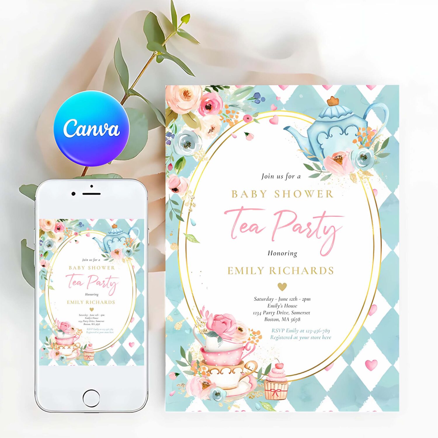 Tea party baby shower girl pink roses baby brewing invitation s51l