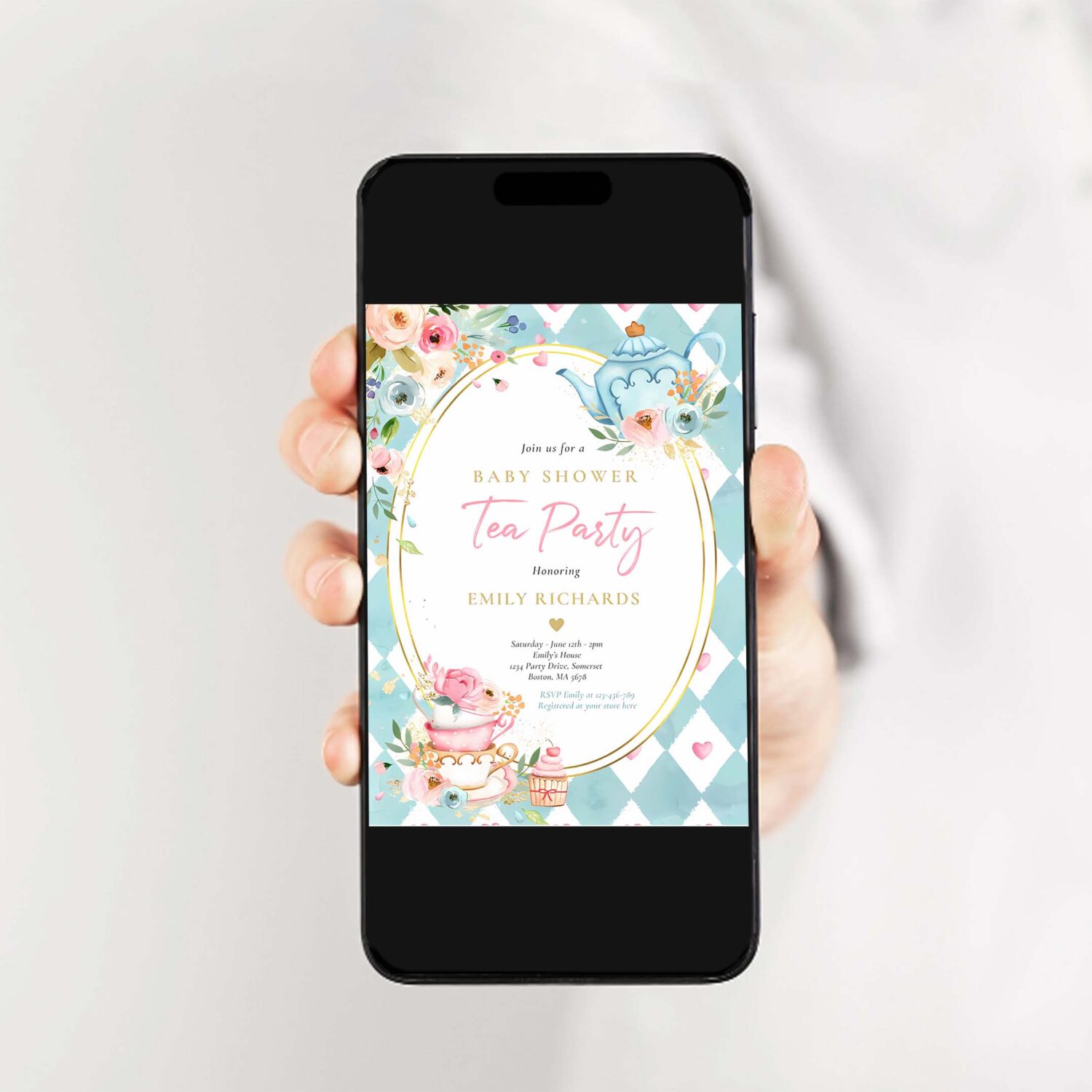 Tea party baby shower girl pink roses baby brewing invitation s51l 2