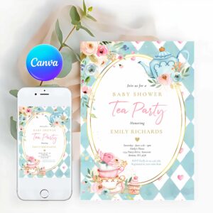 Tea Party Invitation, Tea Party Baby Shower Girl Pink Roses Baby Brewing Invitation