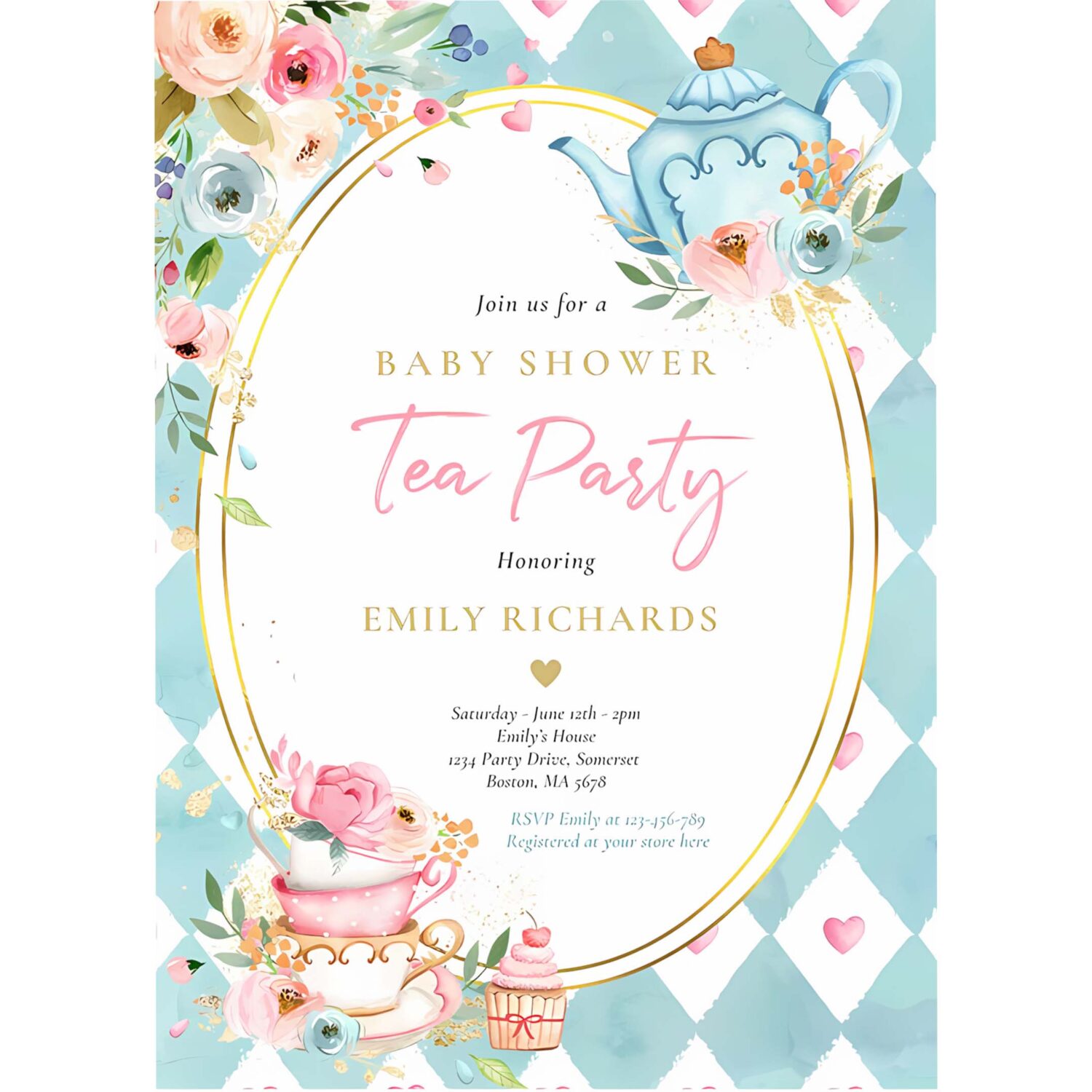 Tea party baby shower girl pink roses baby brewing invitation s51l 4