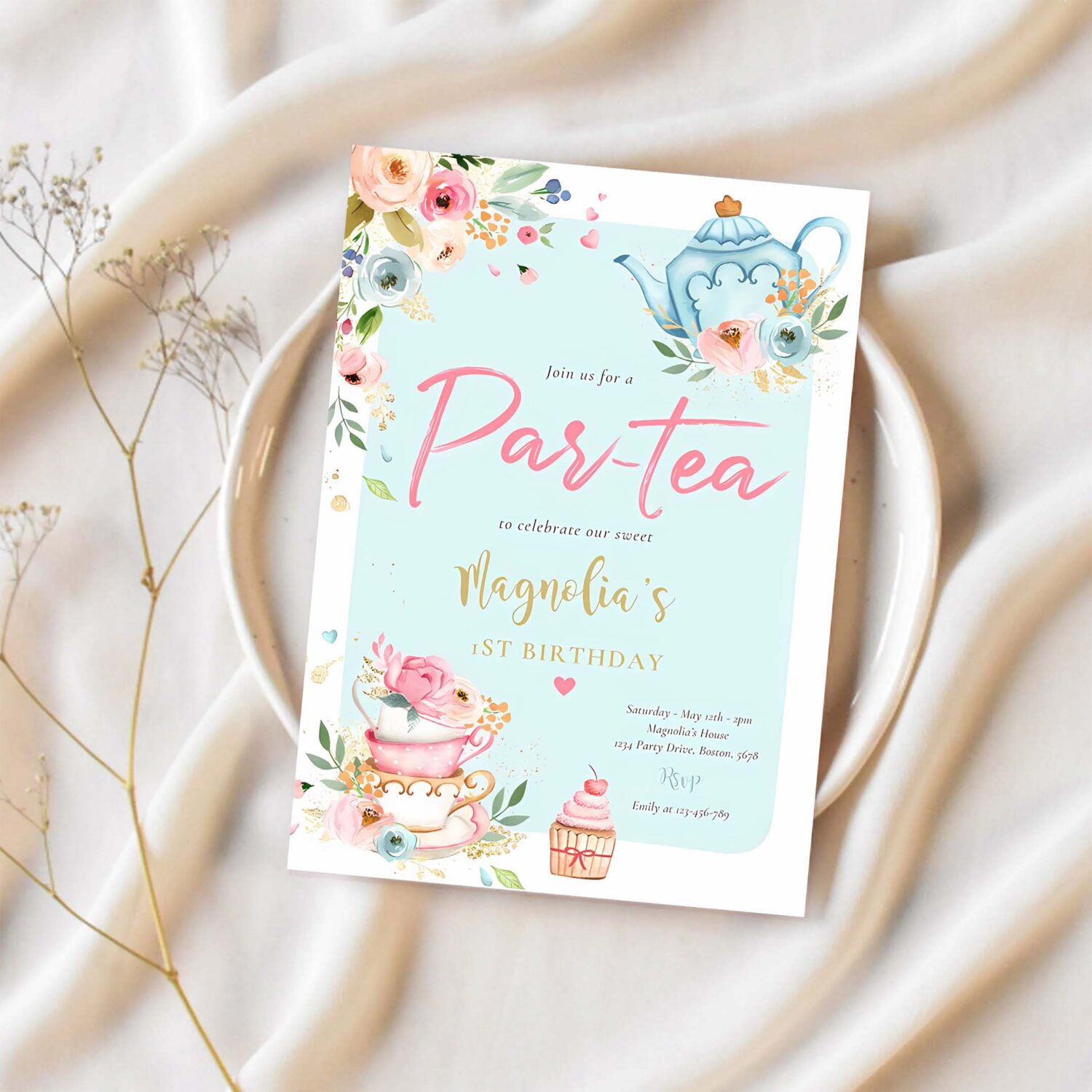 Tea party birthday girl pink gold floral par tea invitation f65z 1