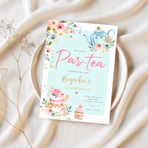 Tea party birthday girl pink gold floral par tea invitation f65z 1