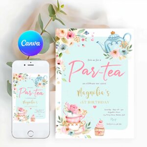 Tea Party Invitation, Tea Party Birthday Girl Pink & Gold Floral Par-tea Invitation