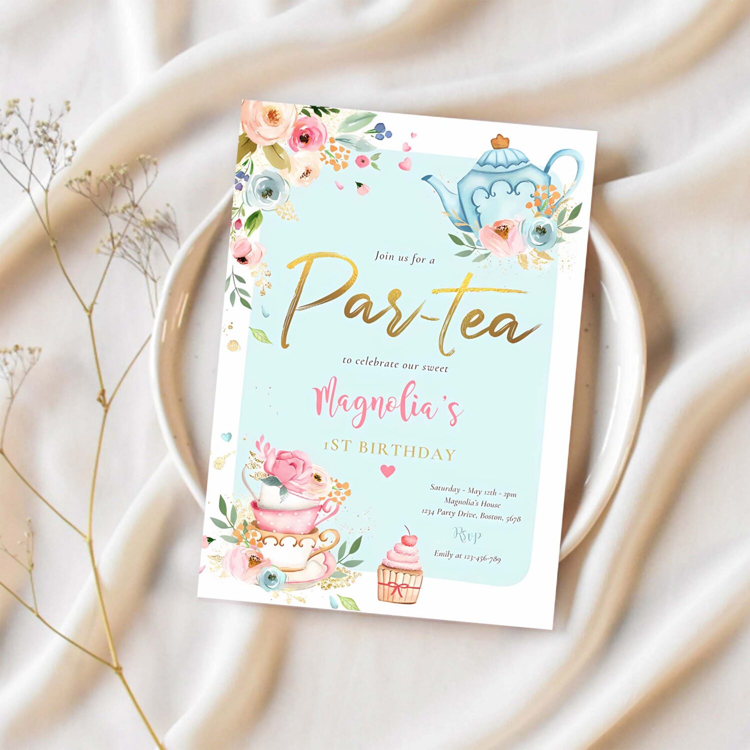 Tea party birthday girl pink gold floral par tea invitation k63d 1