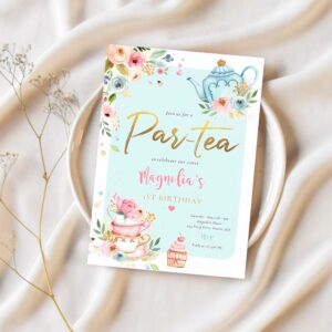 Tea party birthday girl pink gold floral par tea invitation k63d 1