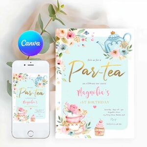 Tea Party Invitation, Tea Party Birthday Girl Pink & Gold Floral Par-tea Invitation