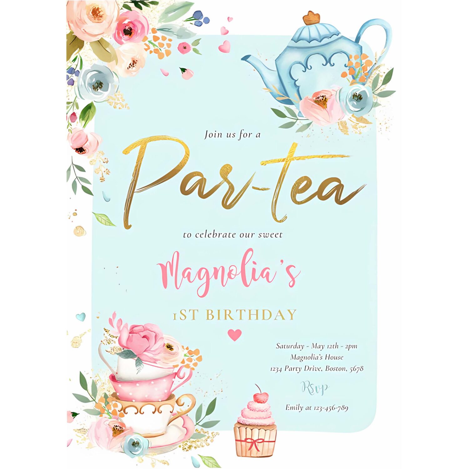 Tea party birthday girl pink gold floral par tea invitation k63d 4