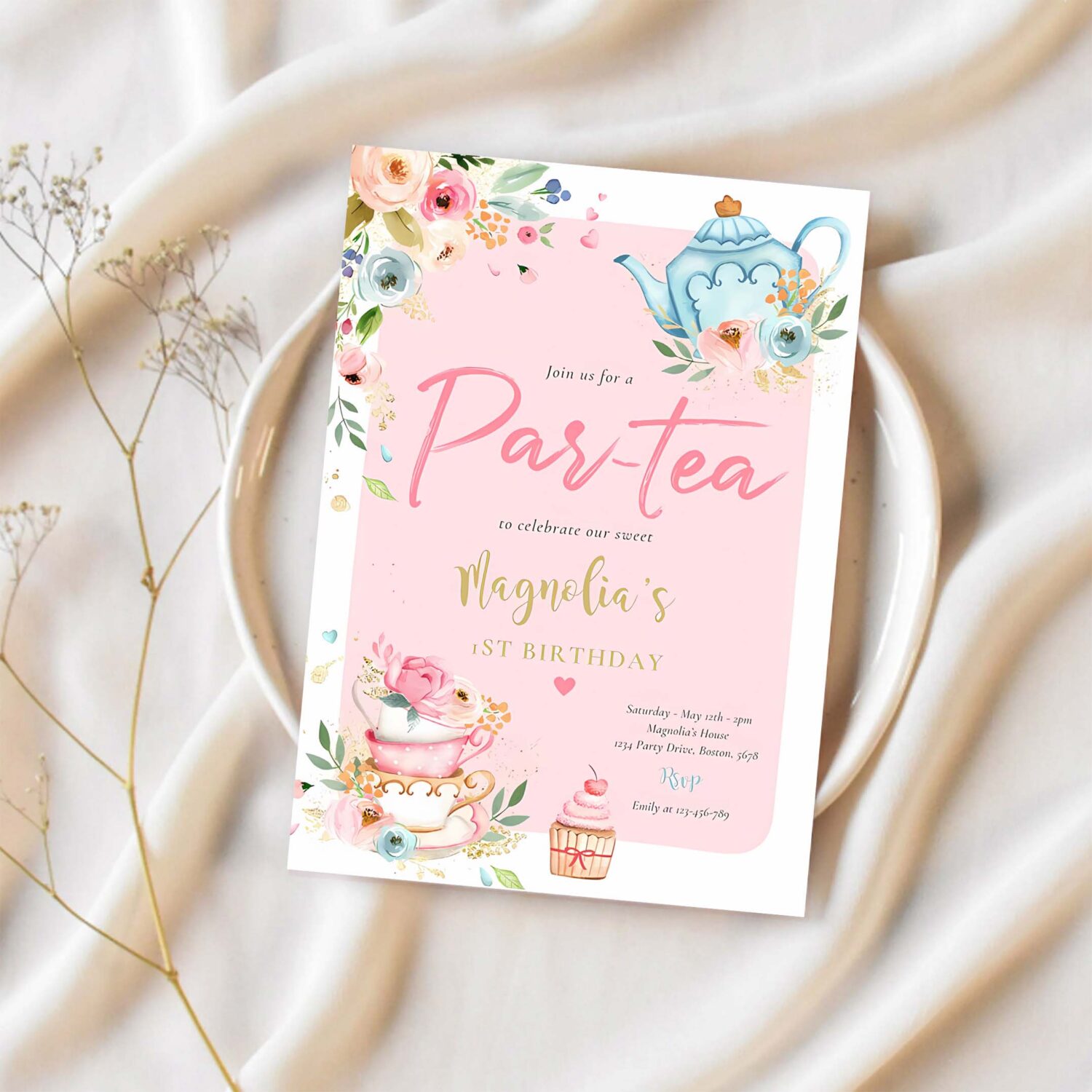 Tea party birthday girl pink gold floral par tea invitation l82q 1