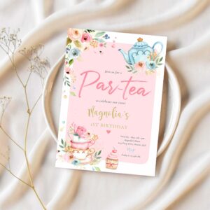Tea party birthday girl pink gold floral par tea invitation l82q 1