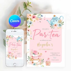 Tea Party Invitation, Tea Party Birthday Girl Pink & Gold Floral Par-tea Invitation