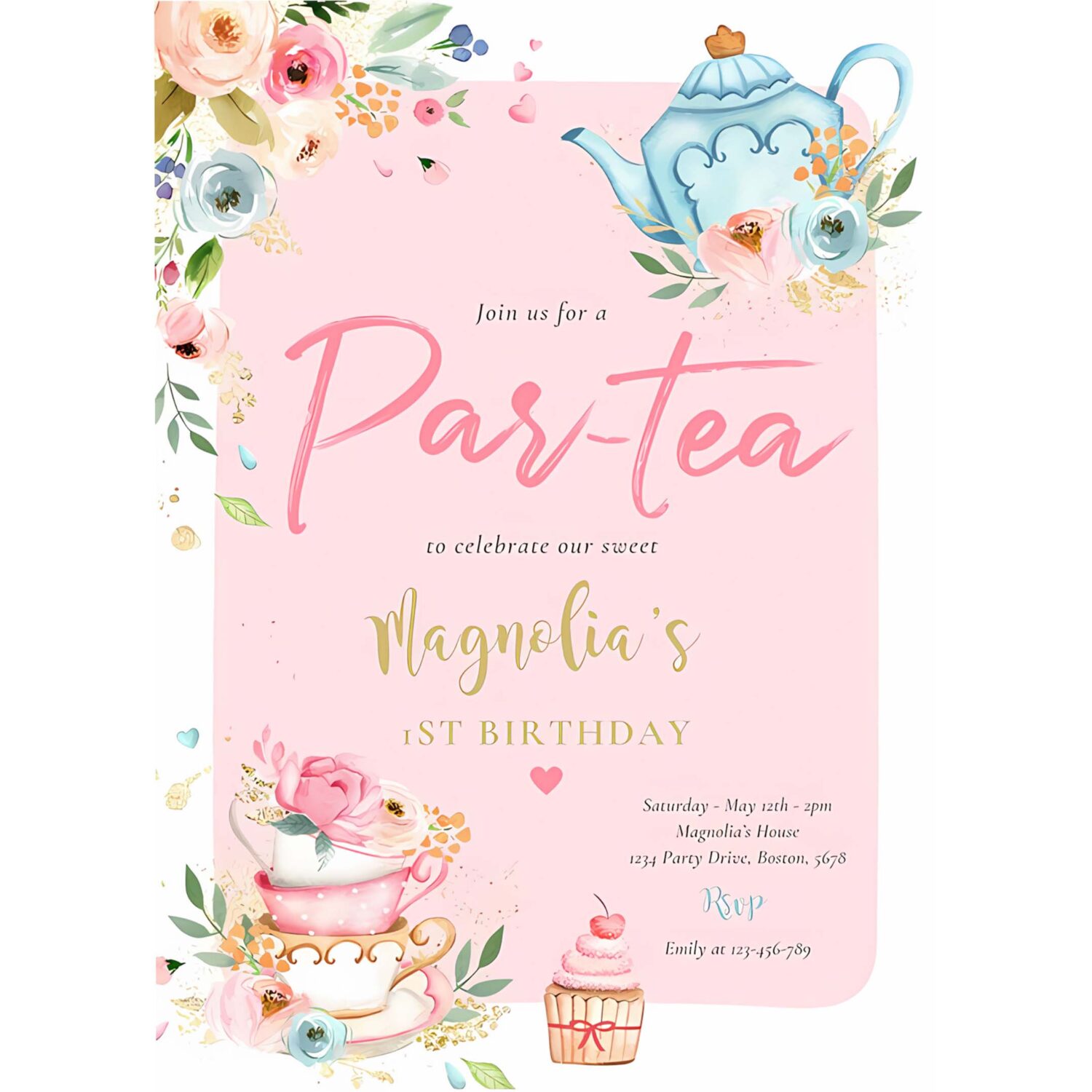 Tea party birthday girl pink gold floral par tea invitation l82q 4