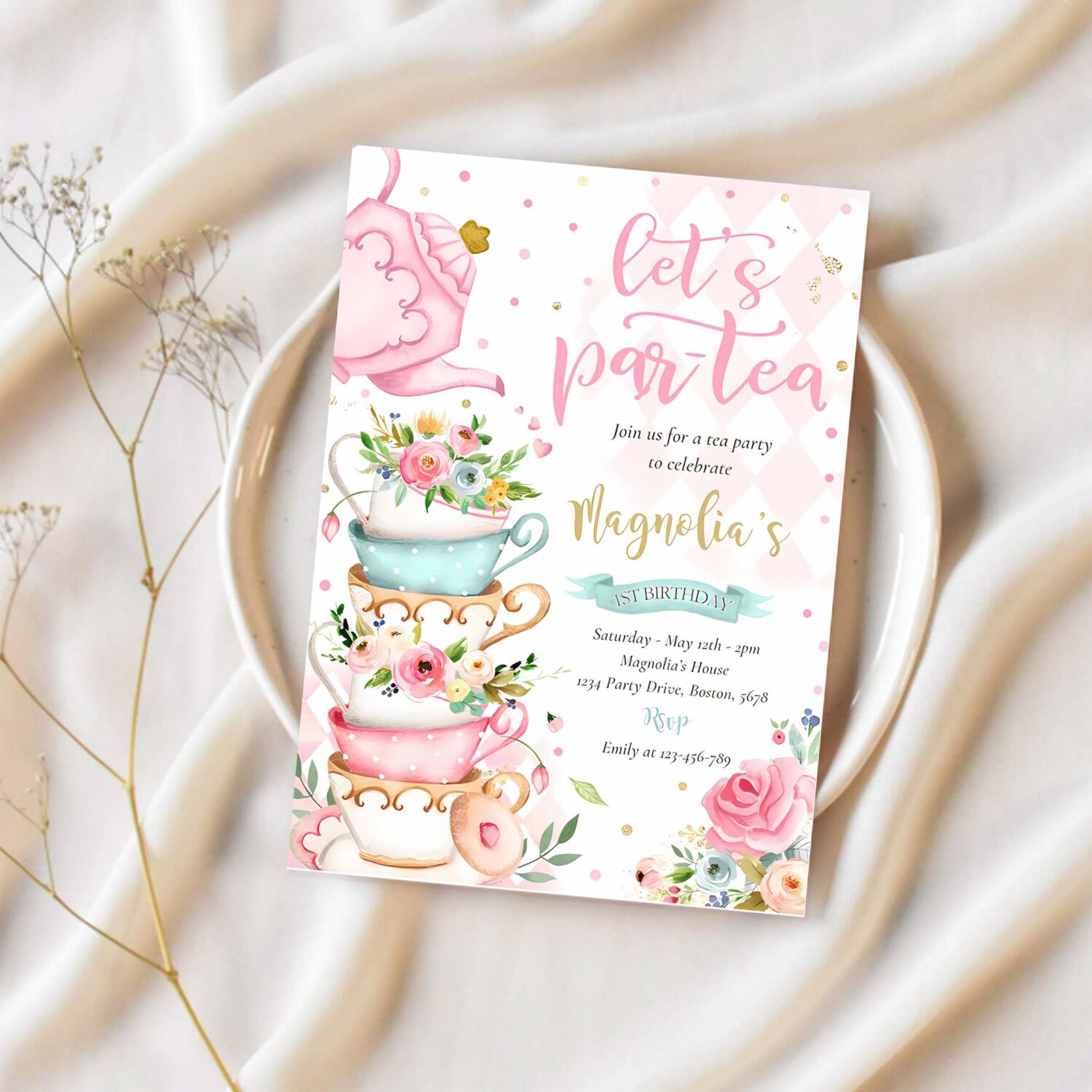 Tea party birthday girl pink gold floral par tea invitation q84b 1