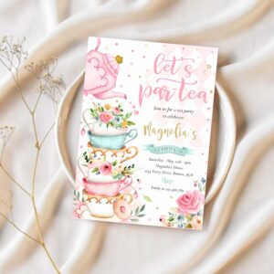 Tea party birthday girl pink gold floral par tea invitation q84b 1