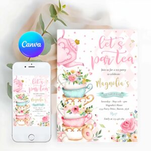Tea Party Invitation, Tea Party Birthday Girl Pink & Gold Floral Par-tea Invitation
