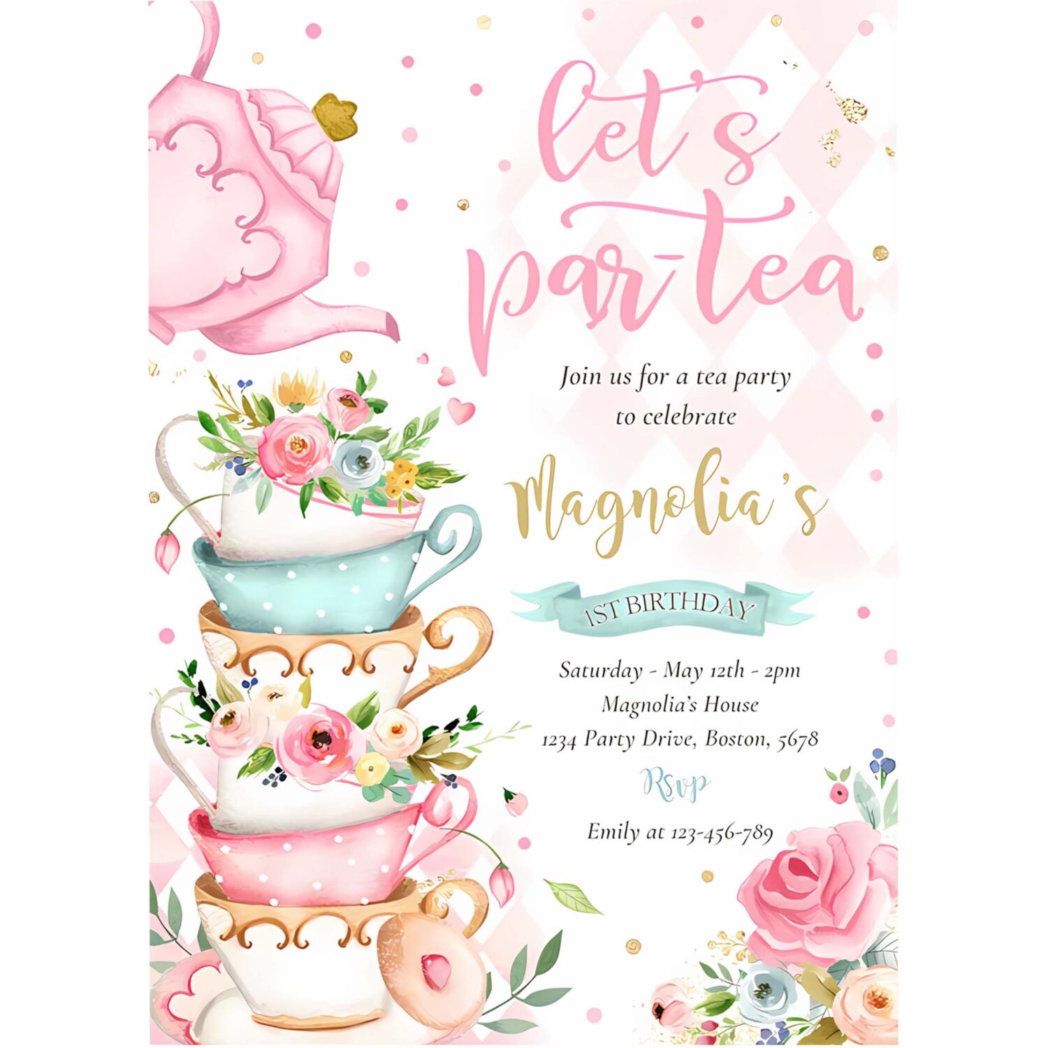 Tea party birthday girl pink gold floral par tea invitation q84b 4