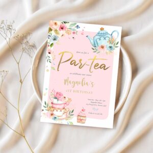 Tea party birthday girl pink gold floral par tea invitation s33o 1